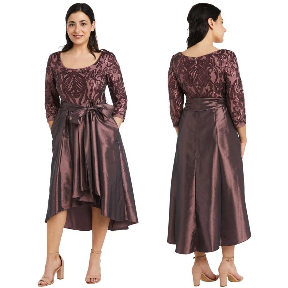 R&M Richards Sequin Hi Low Gown Dress Women's 16 Dark Rose Tie Waist Formal NWT